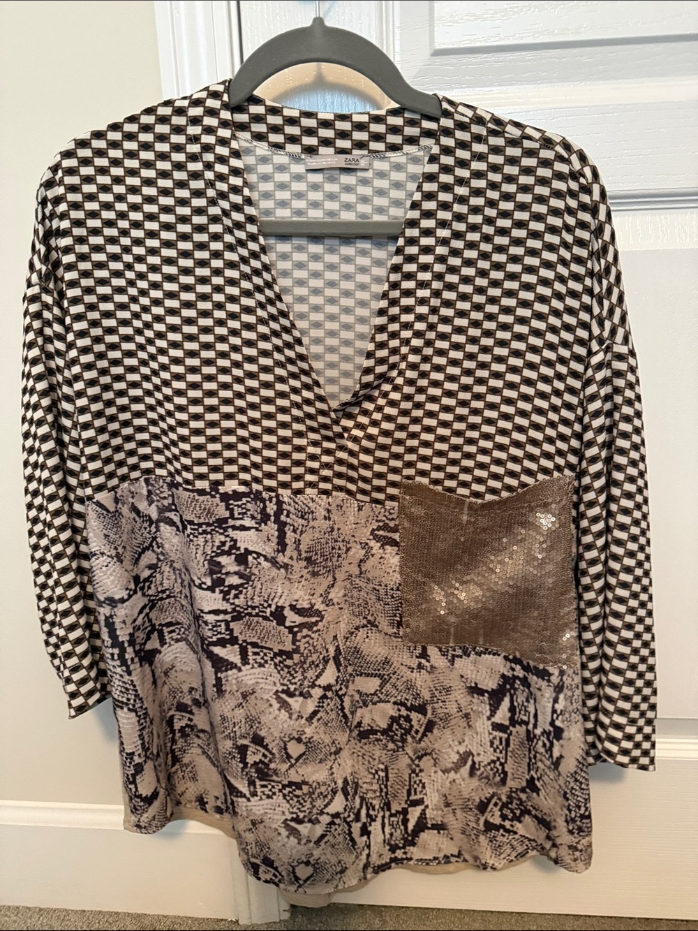 Zara Black and White Mixed-Print V-Neck Tunic with Metallic Sequin Pocket